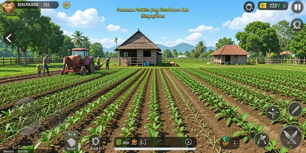 Screenshot 333V menampilkan aktivitas bertani yang menyenangkan.