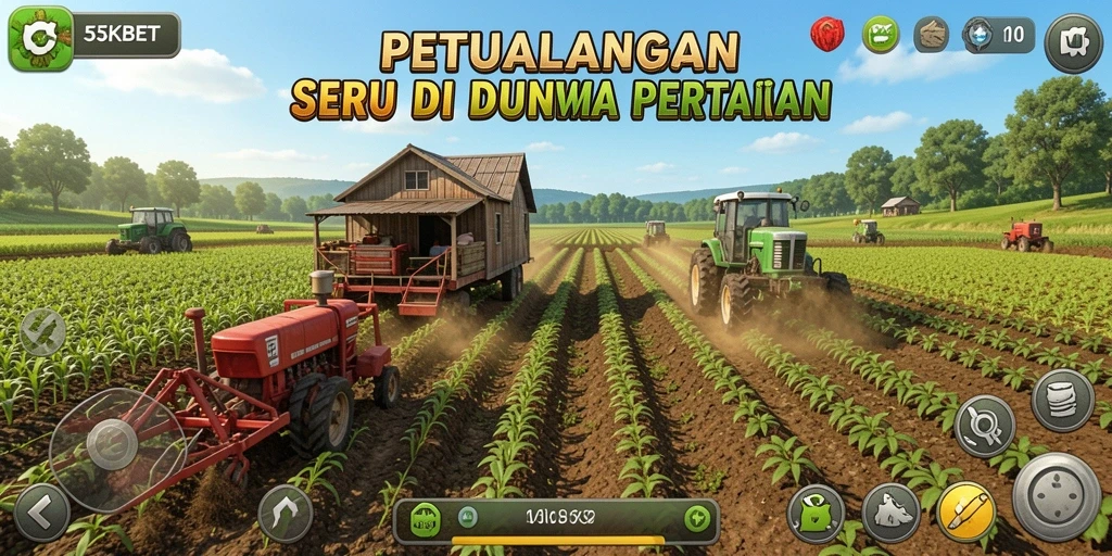 Tangkapan layar gameplay <strong>55KBET</strong> dengan ladang subur dan aktivitas pertanian.