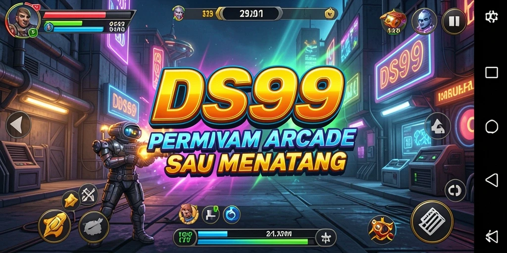 Screenshot utama DS99 menampilkan aksi seru gameplay Arcade.
