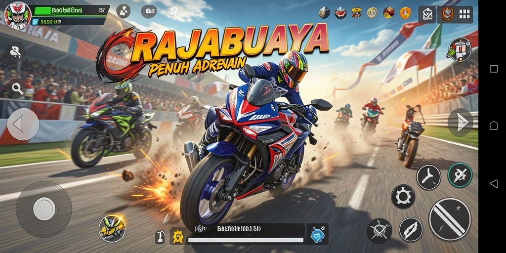 Screenshot gameplay RAJABUAYA menampilkan balapan motor yang mendebarkan.